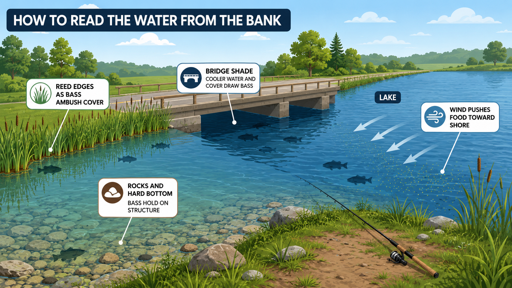 Educational illustration showing how to read the water from the bank, including reed edges, rocks, bridge shade, and wind pushing food toward shore