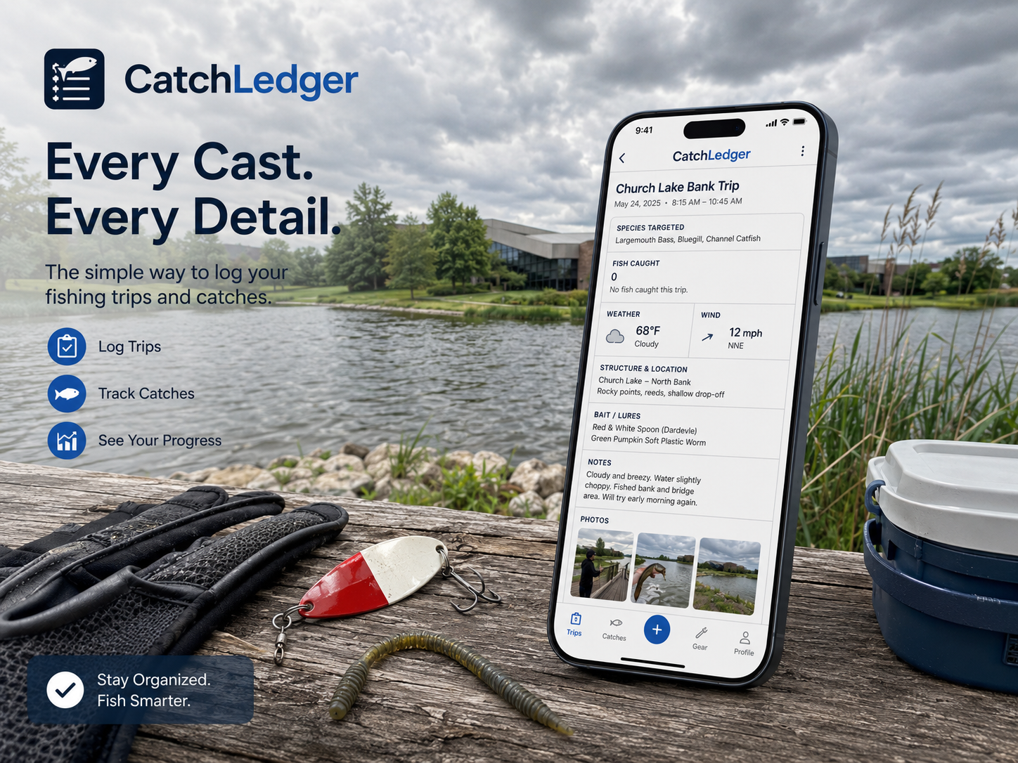 CatchLedger app mockup showing a church lake bank fishing trip log with weather, wind, structure, lures, notes, and photos