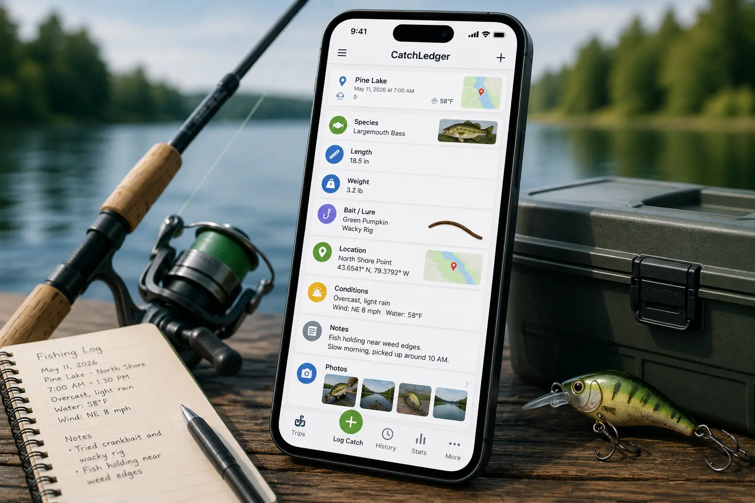 CatchLedger fishing log app for tracking catches, bait, species, photos, and notes