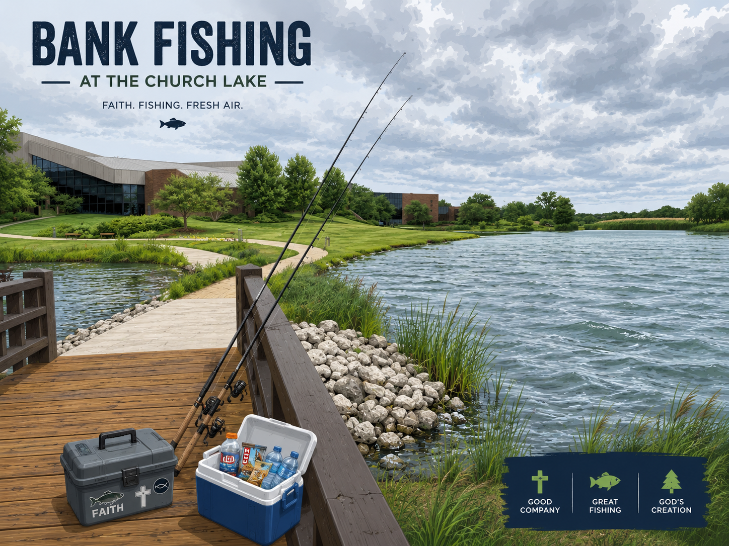 Two fishing rods, tackle box, cooler, cloudy sky, and choppy church lake water from a bridge