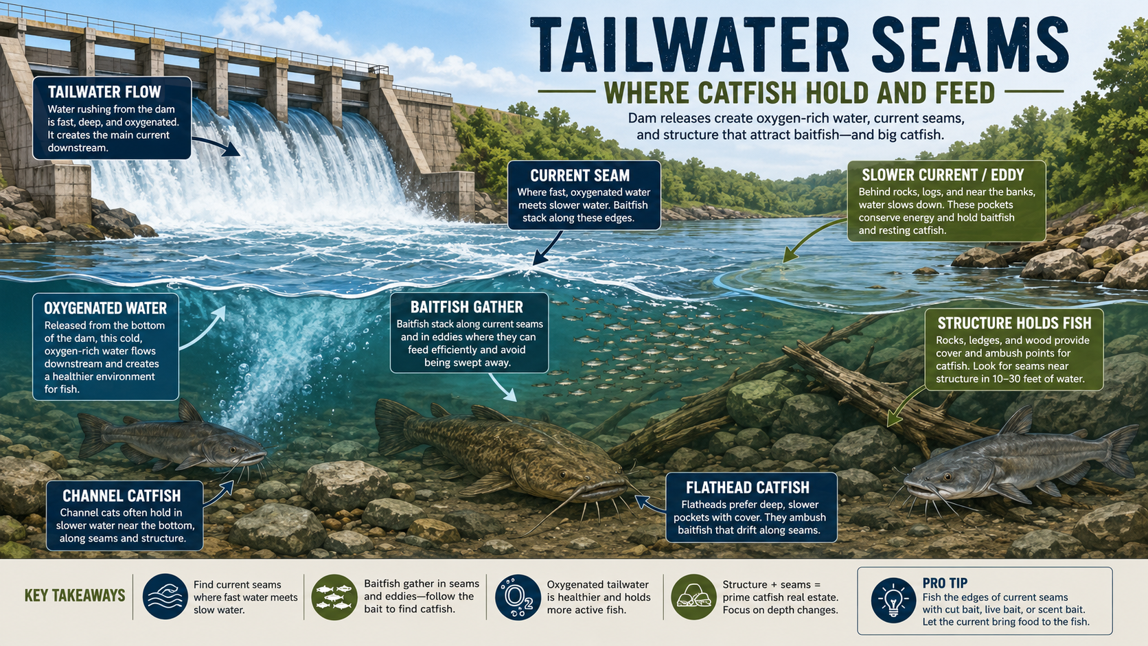 Educational illustration of tailwater current seams, baitfish, and catfish holding near a dam
