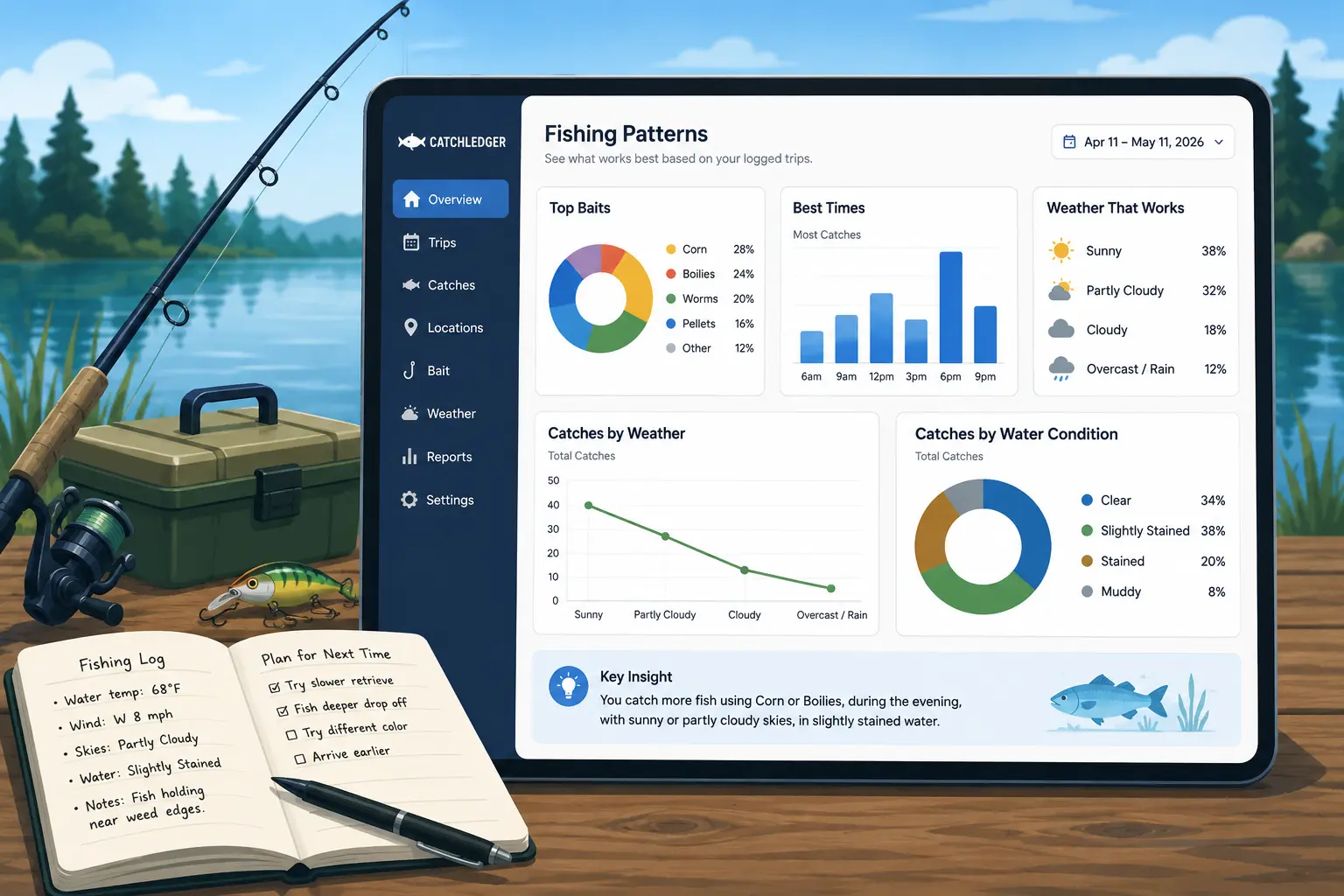 Fishing log showing patterns across bait, weather, and catch history