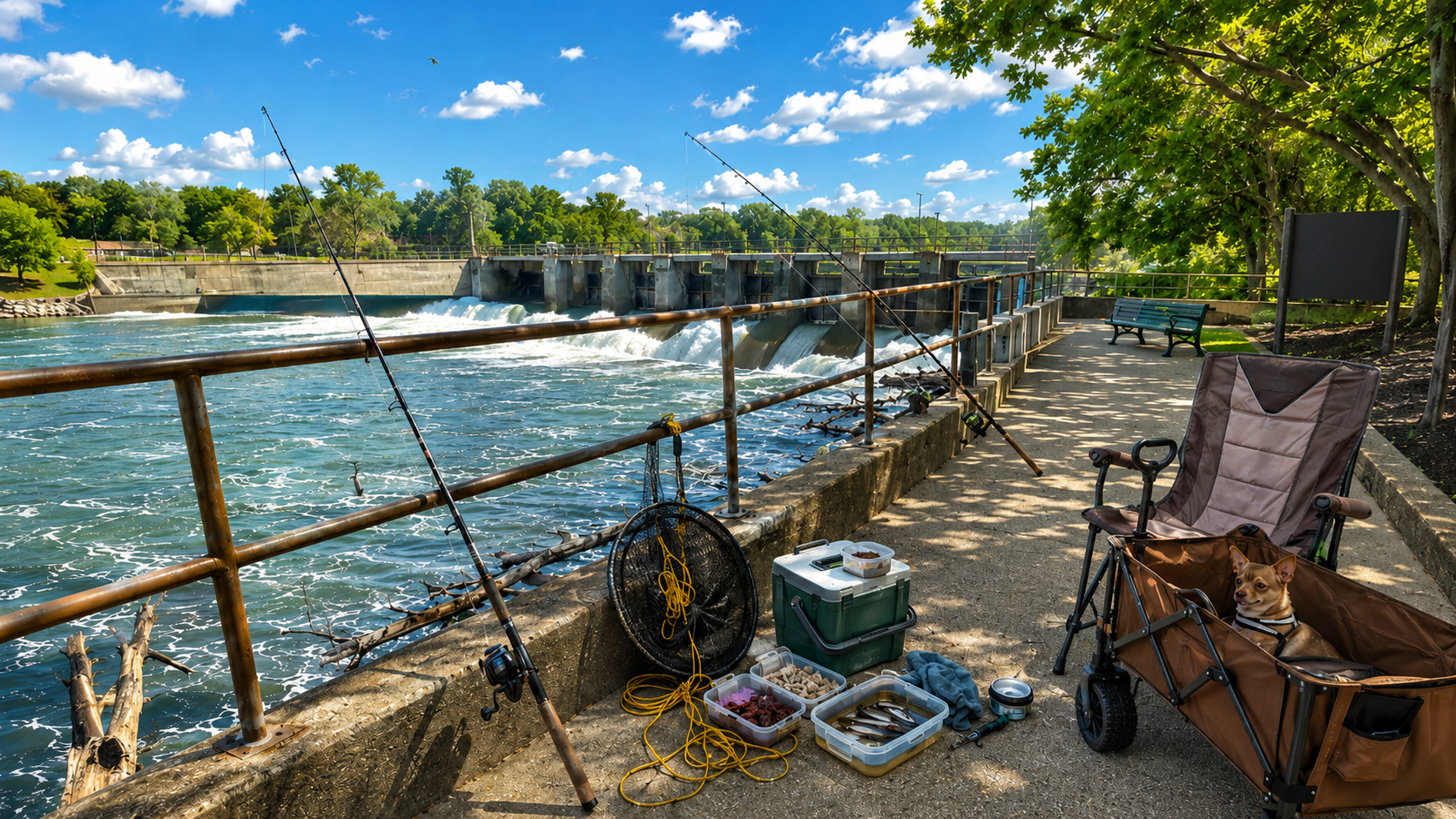 Sunny summer bank fishing setup below a dam with rods, cooler, drop net, and choppy tailwater