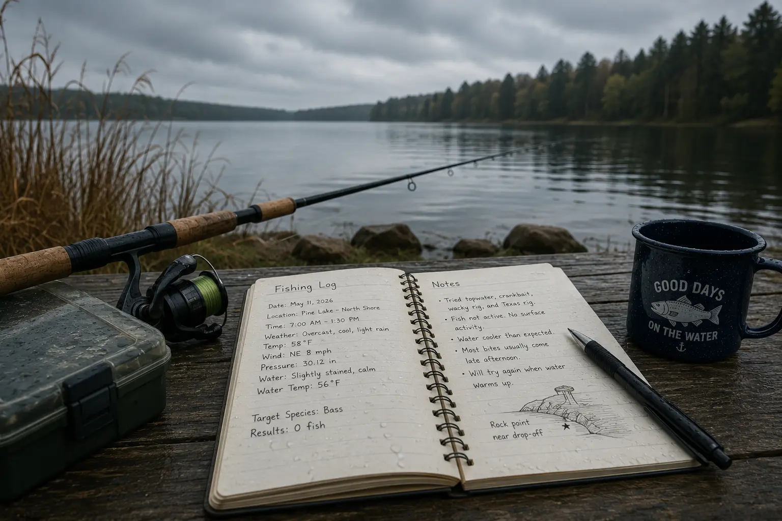 Slow fishing day recorded in a fishing journal for future learning
