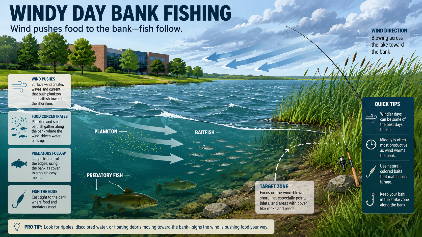 Educational illustration showing how wind pushes plankton and baitfish toward the bank, bringing predatory fish closer to shore